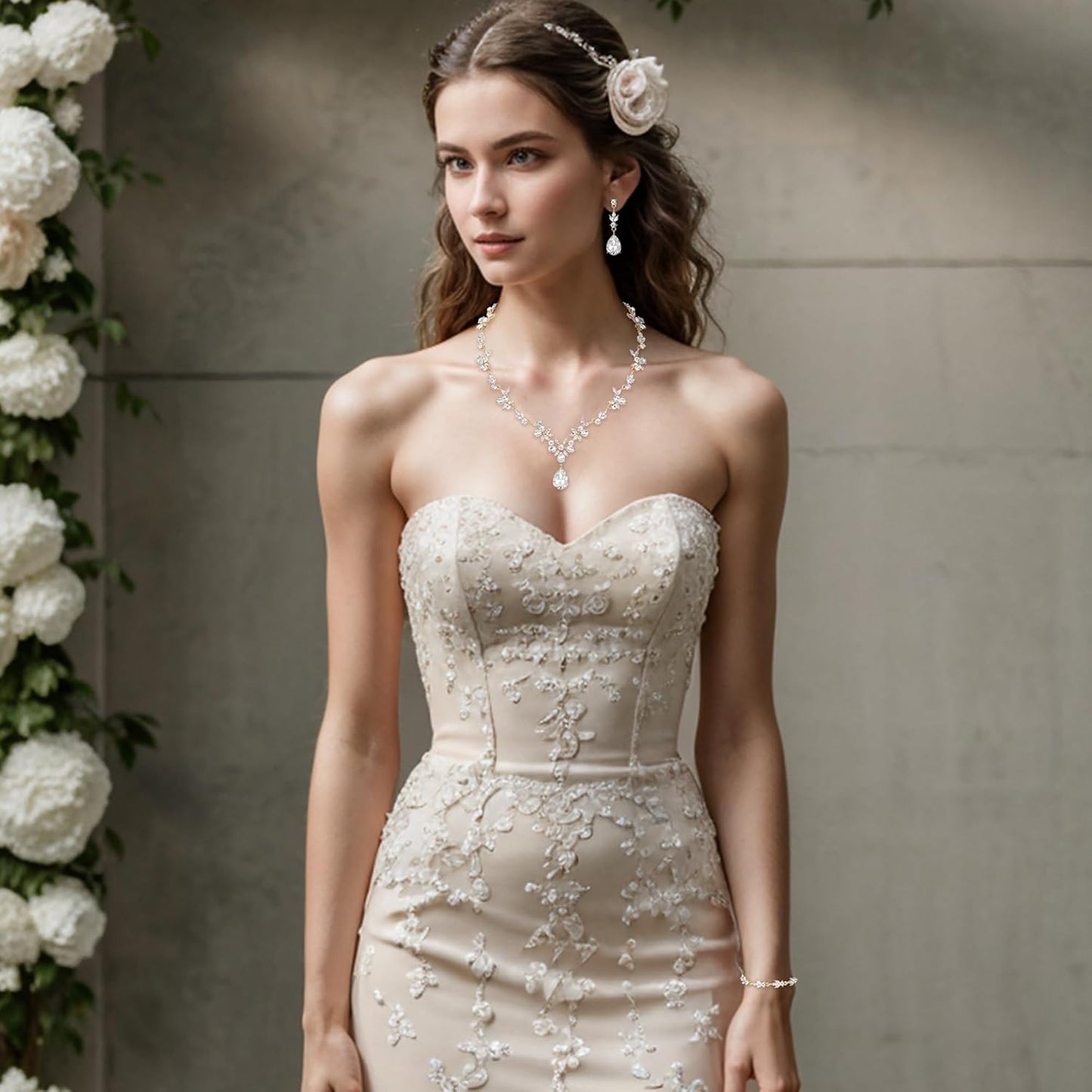 BriLove Wedding Jewelry Set for Women Bride, Y-Necklace Tennis Bracelet Dangle Earrings Crystal Teardrop Marquise Cluster for Bridal Bridesmaid