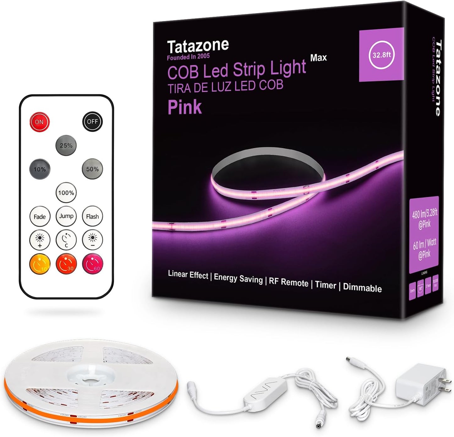 32.8ft Pink COB Led Strip Lights with RF Remote, Dimmable Bright Adhesive Indoor Led COB Light Strip for Cabinet, Painting, Room, Bed