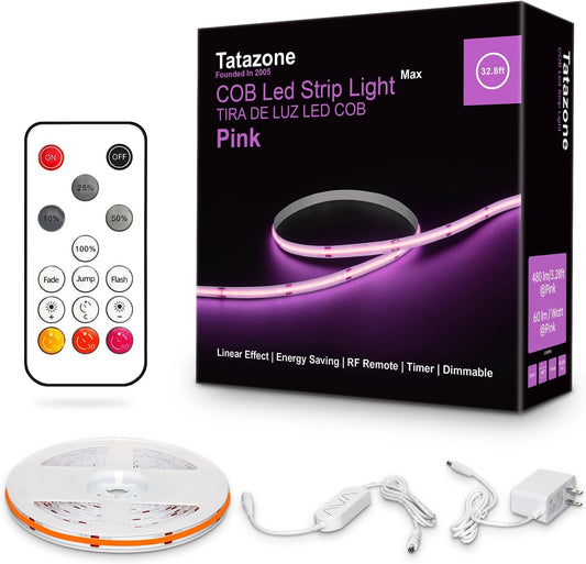 32.8ft Pink COB Led Strip Lights with RF Remote, Dimmable Bright Adhesive Indoor Led COB Light Strip for Cabinet, Painting, Room, Bed