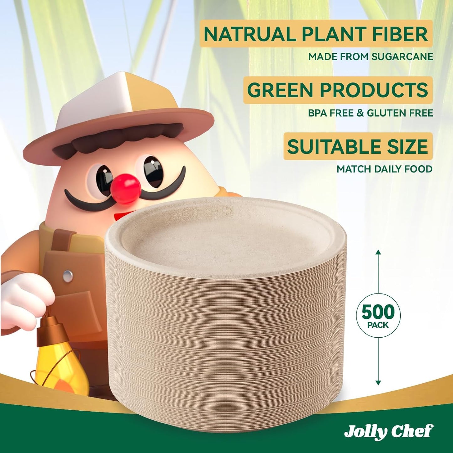 JOLLY CHEF Compostable Heavy Duty Plates 𝟭𝟬 𝗜𝗻𝗰𝗵 [𝟱𝟬𝟬 𝗣𝗮𝗰𝗸] Eco-Friendly Disposable Paper Plates Made of Bagasse Biodegradable Bulk for Party Dinner Sugarcane Thanksgiving Day (Natural)