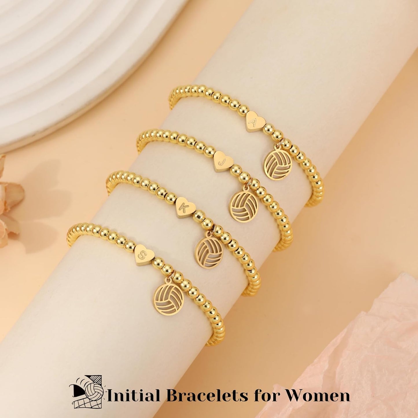 Volleyball Stuff, Volleyball Gifts Stocking Stuffers for Teens Initial Bracelet Adjustable Letter A-Z Gold Beaded Bracelets for Women Heart Link Valentines Day Gift Basket Christmas Graduation Jewelry