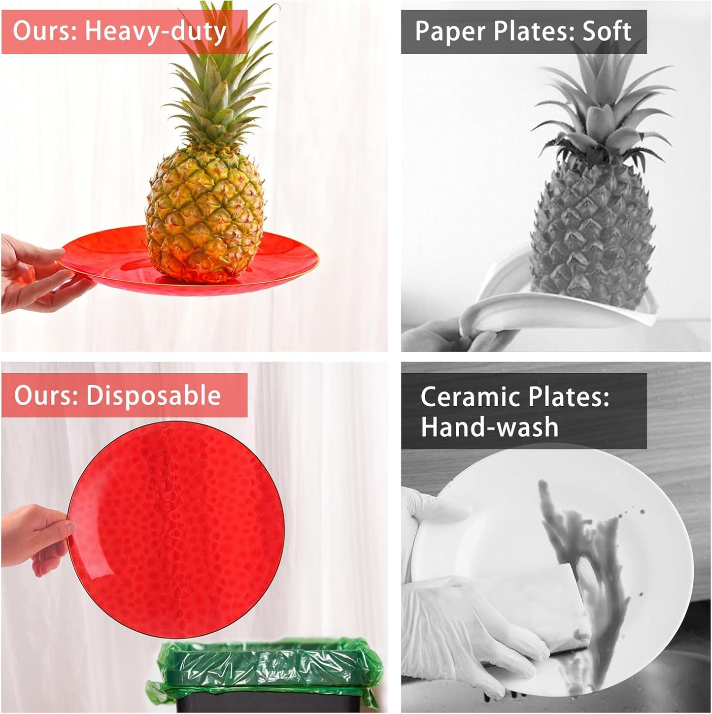 64 Pcs Red Plasitc Plates, 32 Guests Clear Red Disposable Plates with Gold Rim, Hammered Plastic plates Include 32 Dinner Platos and 32 Dessert Platos for Party Wedding Birthday Christmas