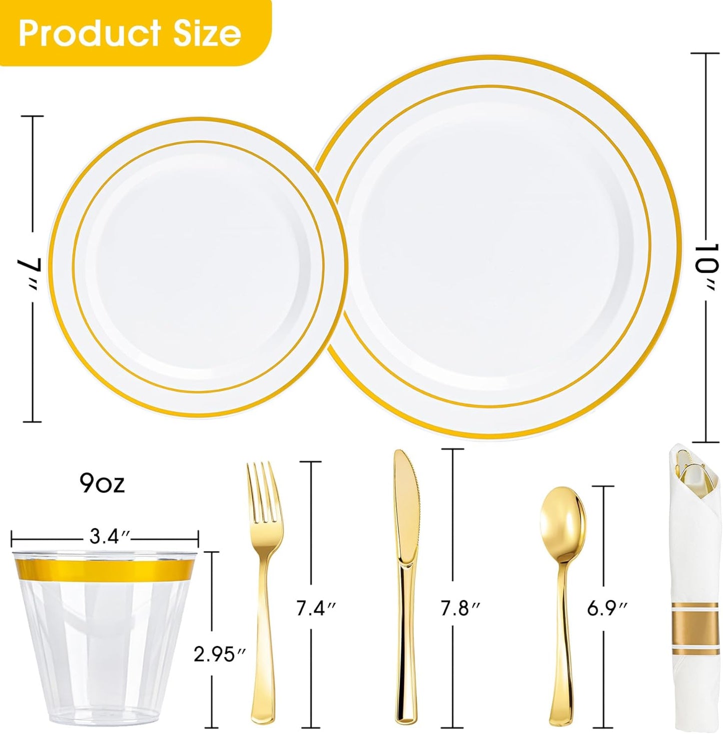 350PCS Gold Plastic Plates Dinnerware Set, Thanksgiving Disposable Plates, 50 Dinner and 50 Dessert Plates, 50 Pre Rolled Napkins with Silverware and 50 Cups for Party and Wedding