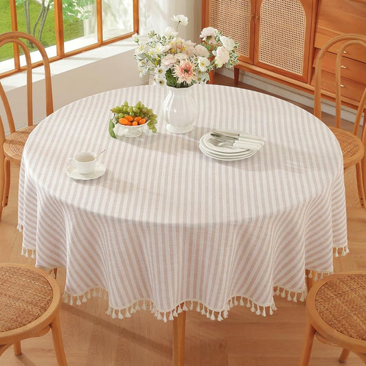 TruDelve Small Round Table Cloth 60 Inch Beige Striped Cloth Tablecloth Boho Fall Round Tablecloths for Outdoor Table Cover (Beige,60",Round)