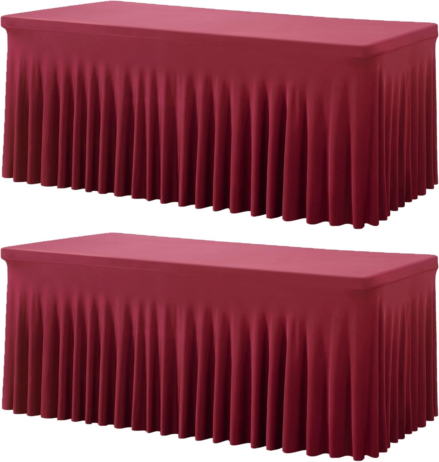 2 Pack Burgundy Spandex Table Clothes for 6 Foot Rectangle Tables, Wrinkle Free Fitted Table Cover 6ft Maroon Stretch Tablecloths with Skirt for Parties Weddings Birthday Banquet Baby Shower
