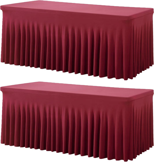 2 Pack Burgundy Spandex Table Clothes for 6 Foot Rectangle Tables, Wrinkle Free Fitted Table Cover 6ft Maroon Stretch Tablecloths with Skirt for Parties Weddings Birthday Banquet Baby Shower