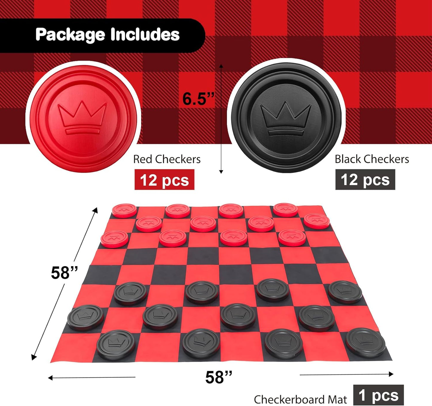 Jumbo Checkers Set with Storage Bag - 58 inch mat - Outdoor & Indoor Play Toys, Backyard Board Games, Family Party, Birthday for Toddlers Ages 5 6 7 8 Year Old - Amazon Exclusive