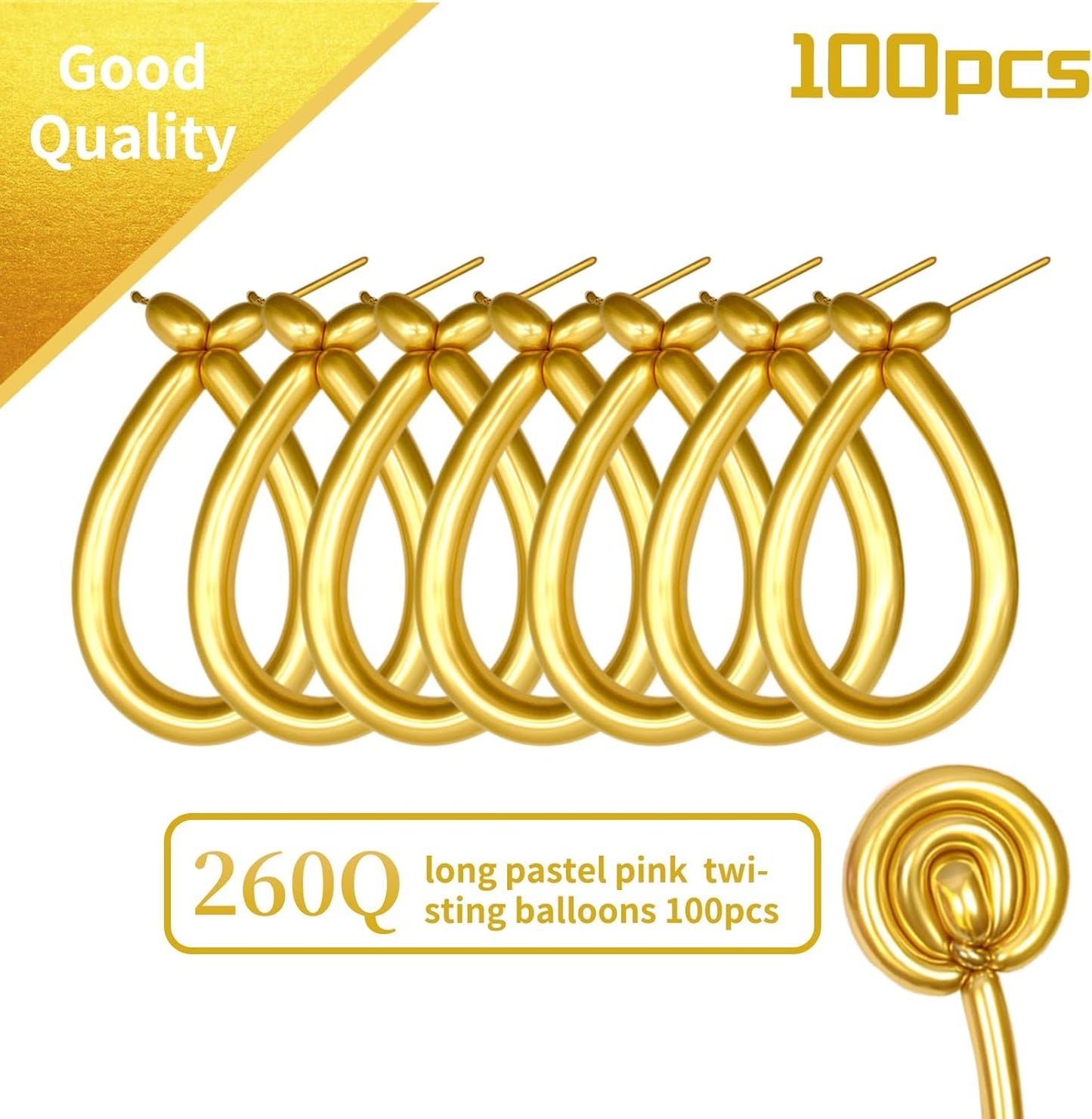 KAWKALSH 260 Metallic Gold Long Balloons for Balloon Garland Thickening Skinny Latex Twisting Animals Modeling Christmas Birthday Wedding Party Festival Decorations 100pcs