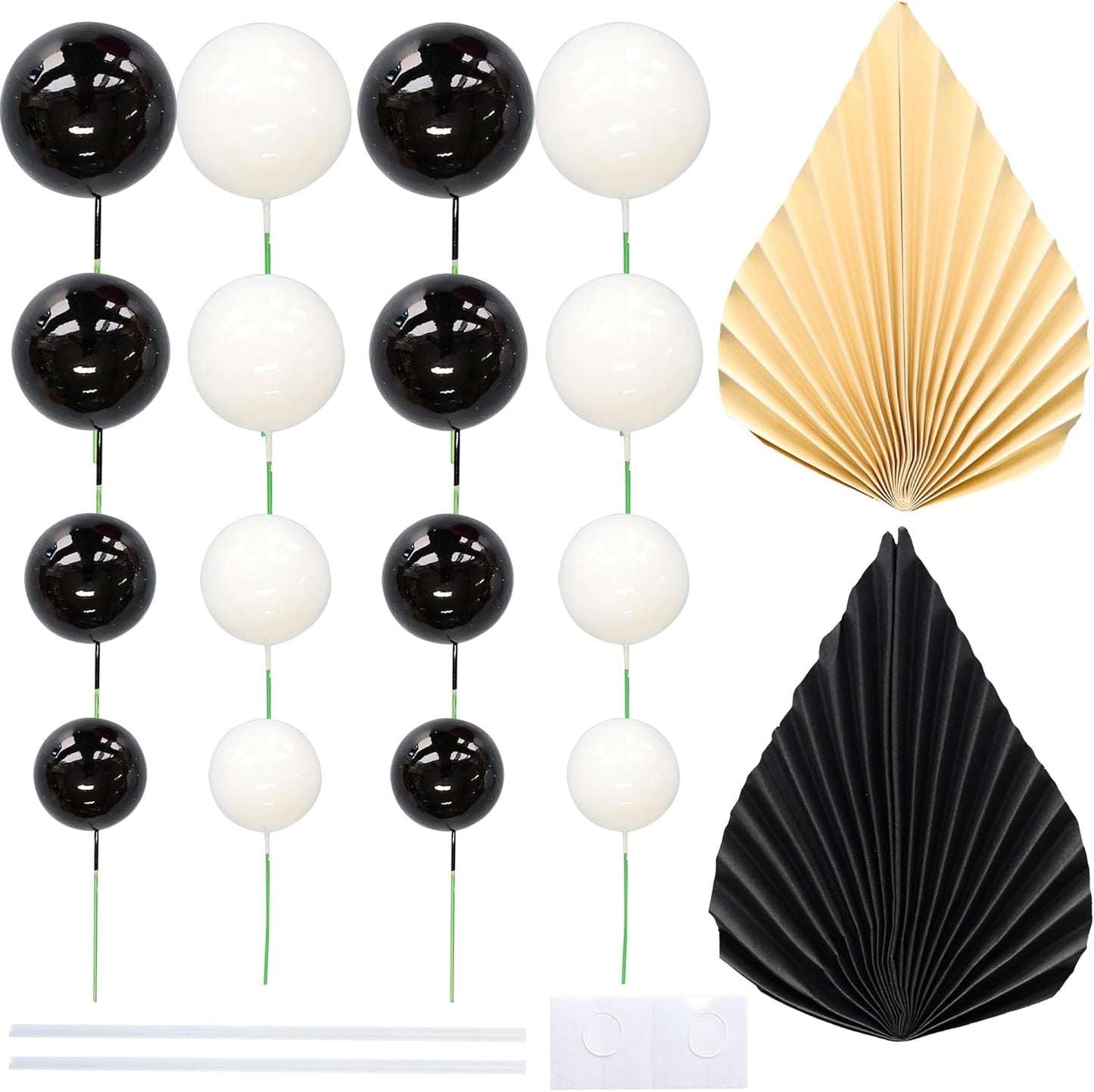 Ephlyn 28Pcs Paper Palm Fan Cake Topper Balls Cake Pick DIY Cake Decorations for Baby Shower Wedding Bridal Shower Birthday Party Supplies White Black