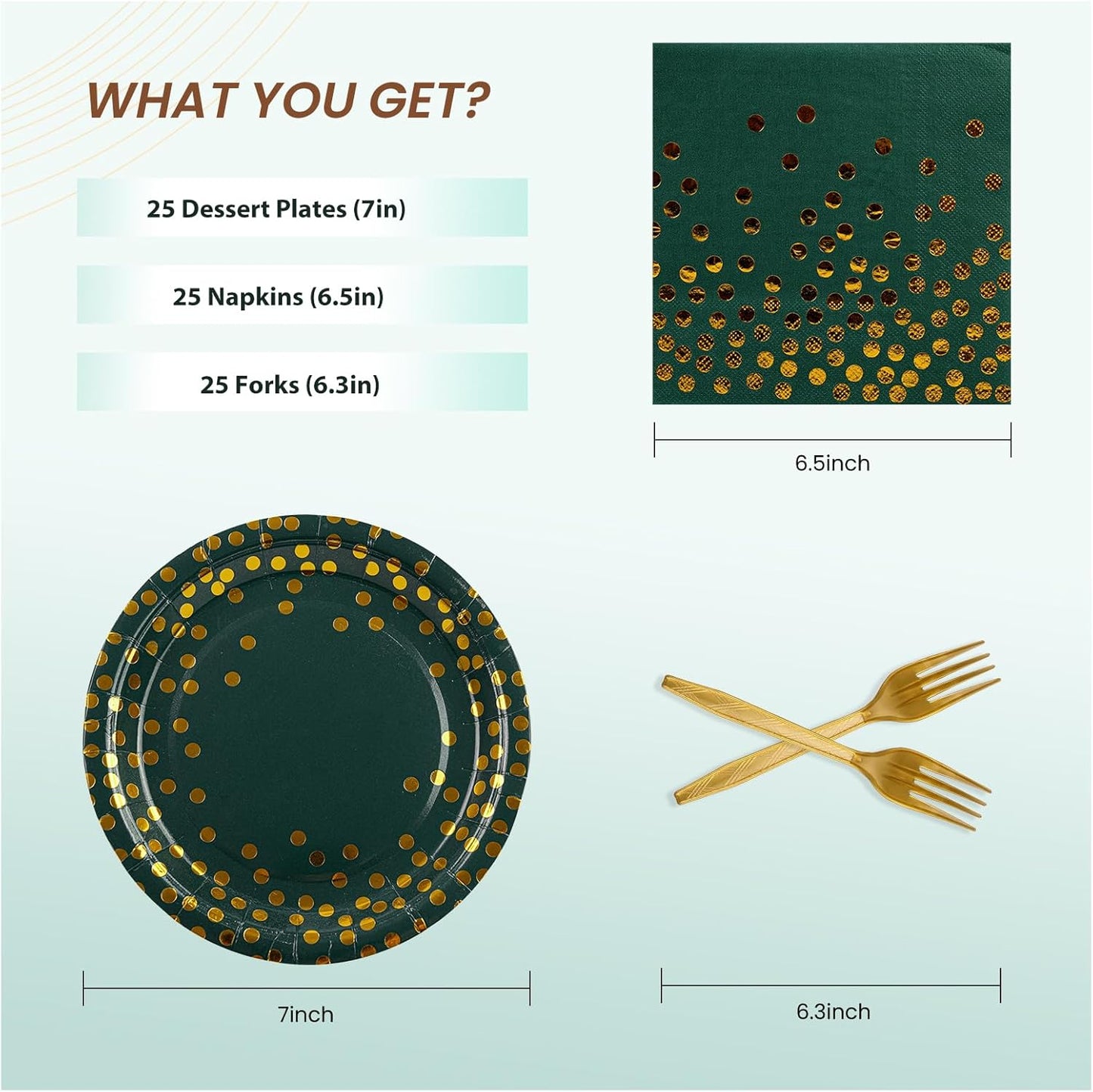 75PCS Paper Plates and Napkins Set - Green and Gold Dot Disposable Party Dinnerware Includes Paper Plates, Napkins, Forks Decorations for Father's Day Graduations Birthdays and Weddings, Serves 25