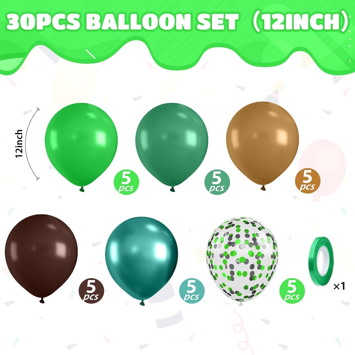 Brown and Green Balloons, 12 Inch Coffee Brown Emerald Dark Metallic Green Confetti Balloons for Camping Jungle Theme Forest Adventure Birthday Baby Shower Party Decorations