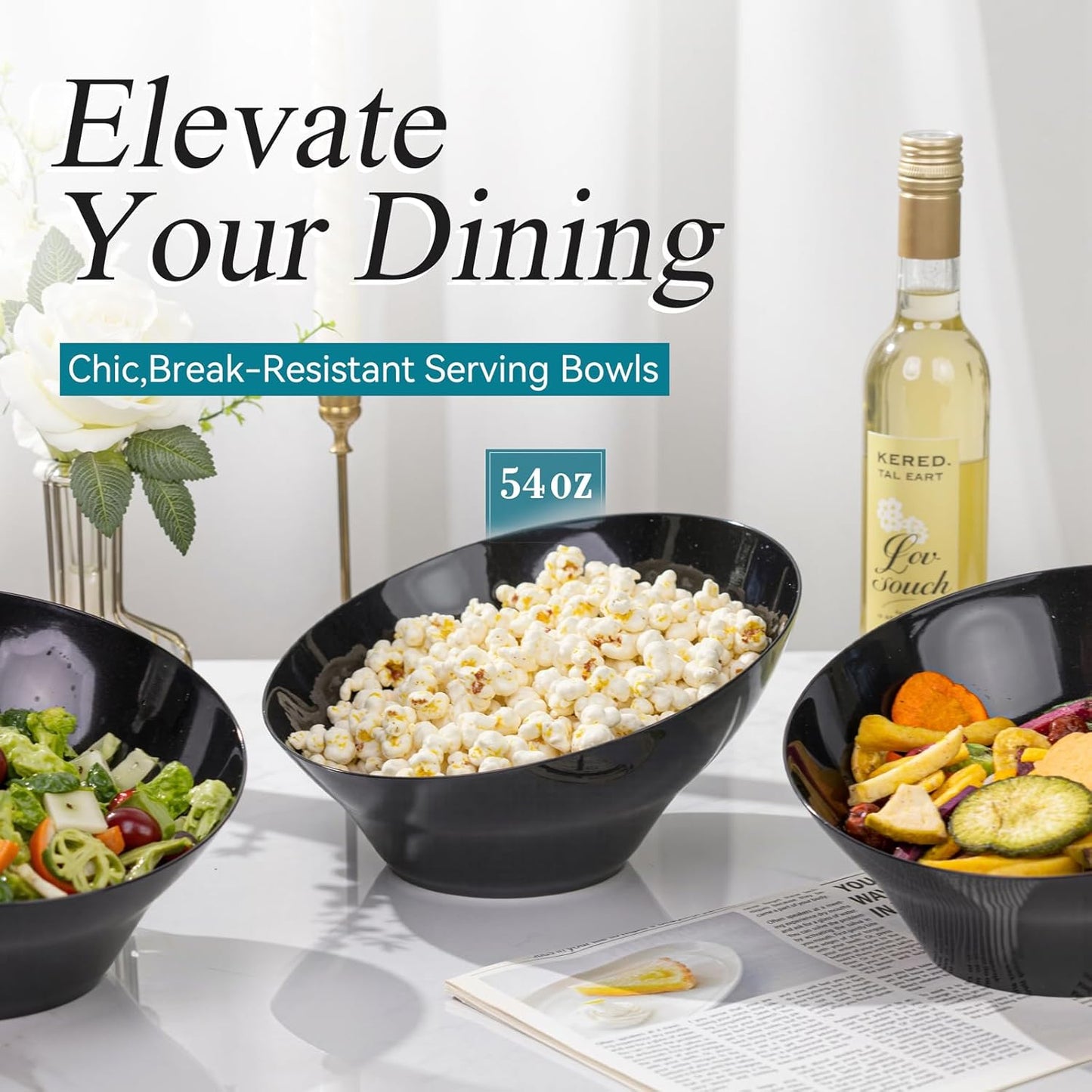 Liacere 16PCS Black Plastic Bowls - 54 OZ Angled Serving Bowls Disposable for Chip - Candy Party Table Salad and Fruit for Party & Wedding & New Year