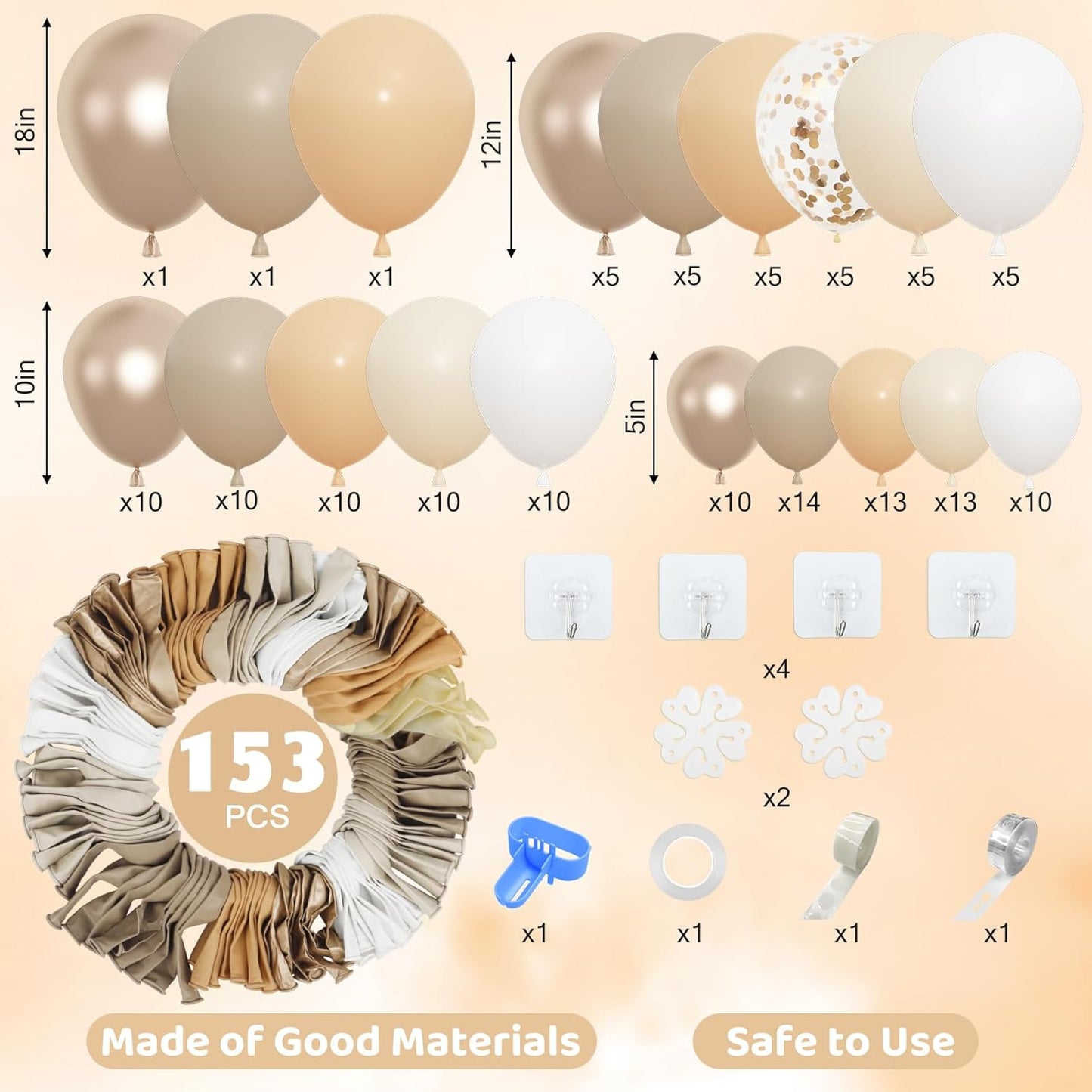 Amandir 153pcs White Sand Balloon Arch Garland Kit, Different Sizes 18 12 10 5 inch Beige Nude Neutral Metallic Champagne Gold Confetti Balloons for Boho Bridal Baby Shower Birthday Party Decorations