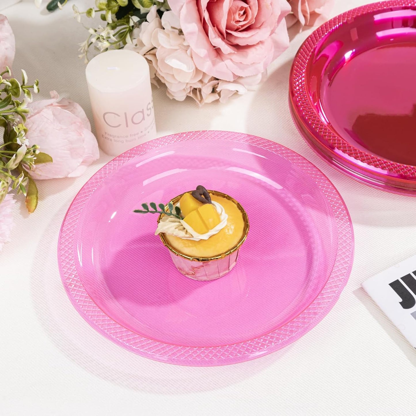 WELLIFE Neon Pink Party Plates 9 Inch -150 Count, Translucent Pink Plastic Disposable Dessert Neon Plates for Fluorescent Neon Theme Party Cake Salad Appetizers Easter Baby Shower Mother's Day