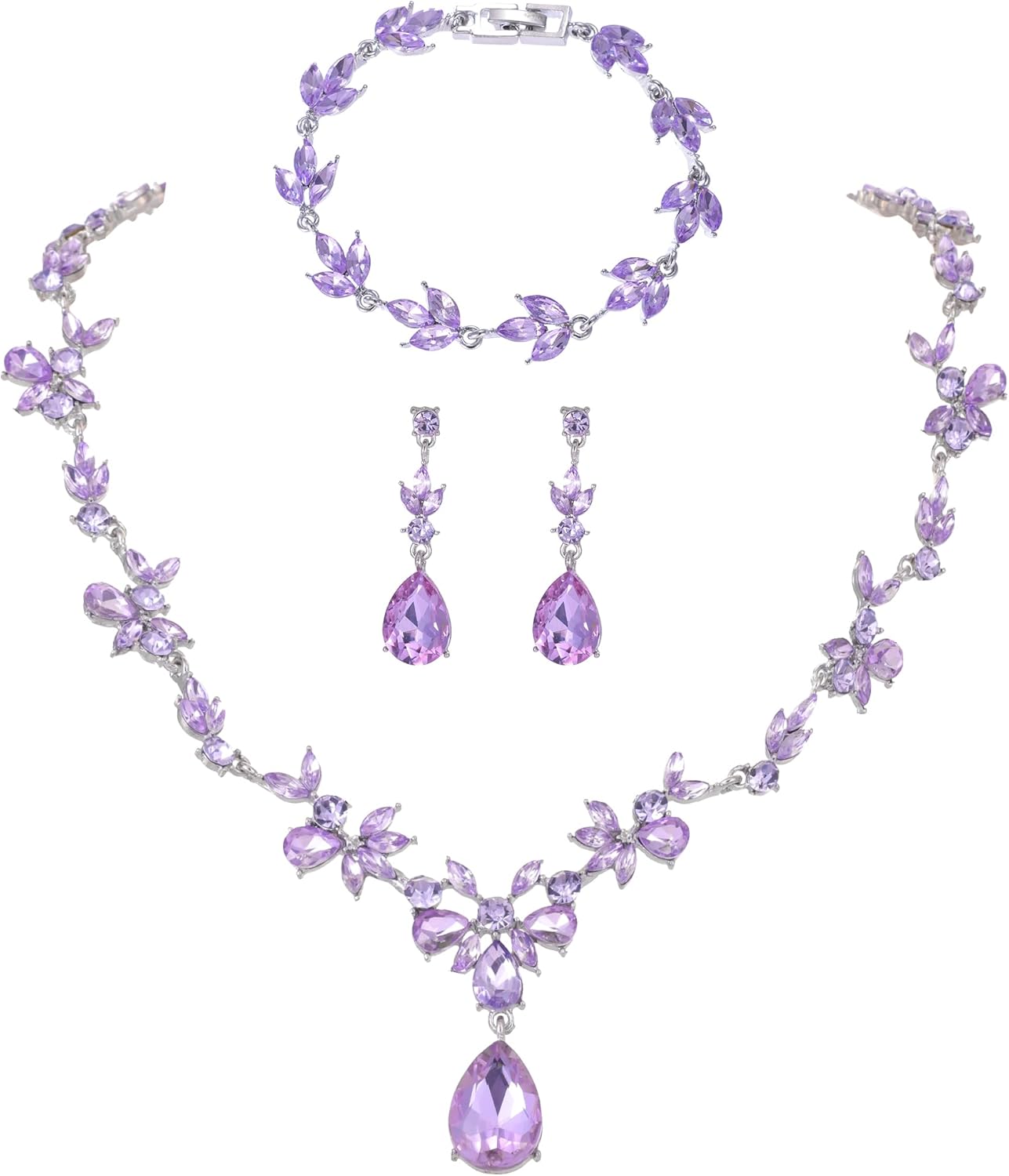 Kamirola Bridal Jewelry Set, Jewelry Set for Women, Necklace Dangle Earrings Bracelet Set, White Gold Plated (TR76)