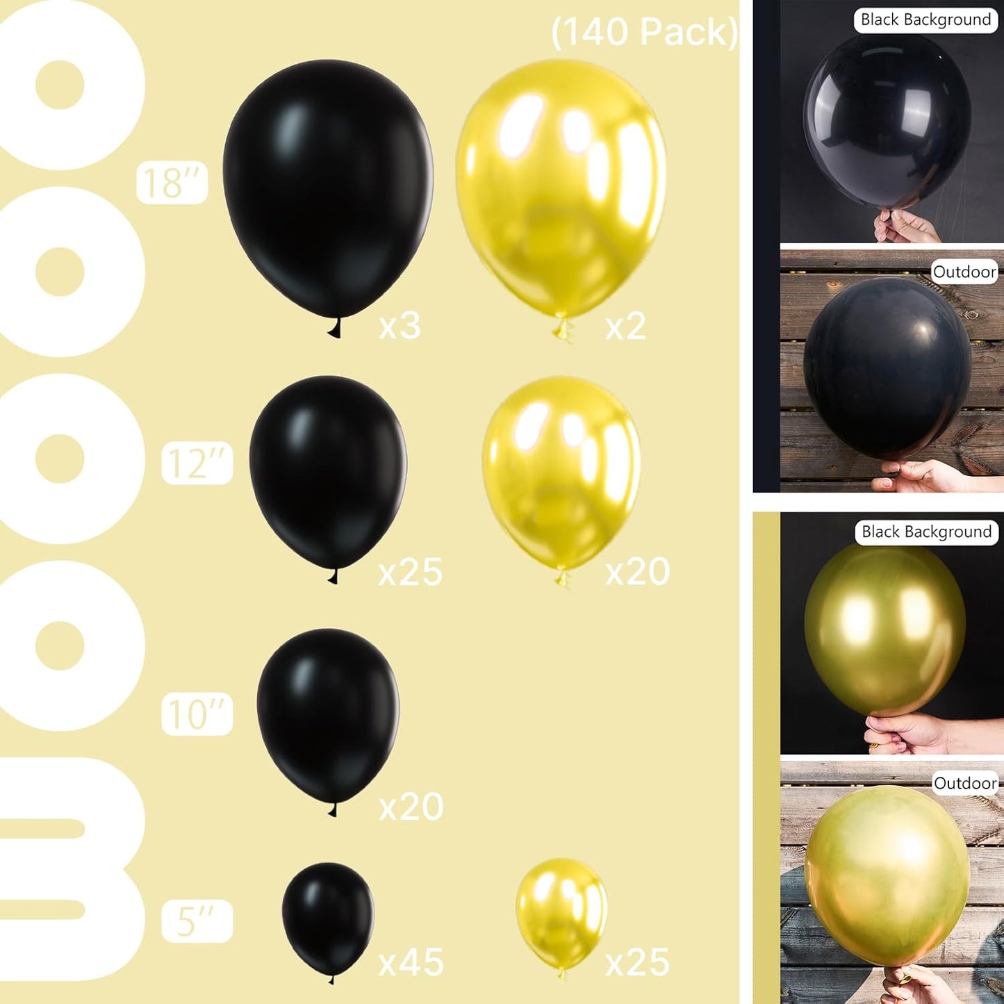 PartyWoo Black and Glod Balloons 140pcs Different Sizes of 18 12 10 5 Inch Black and Metallic gold Balloon Arch Kit for Birthday New Year's Eve Graduation Bachelorette Retirement Party Decorations