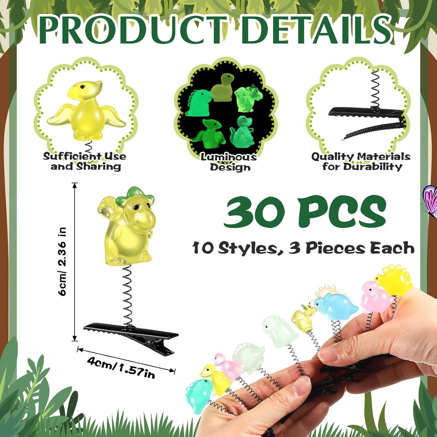 30 Pcs Mini Glow Hair Clips Girls Rave Hair Clips for Women Christmas Music Festival Holiday Party Supplies (Funny Dinosaur)