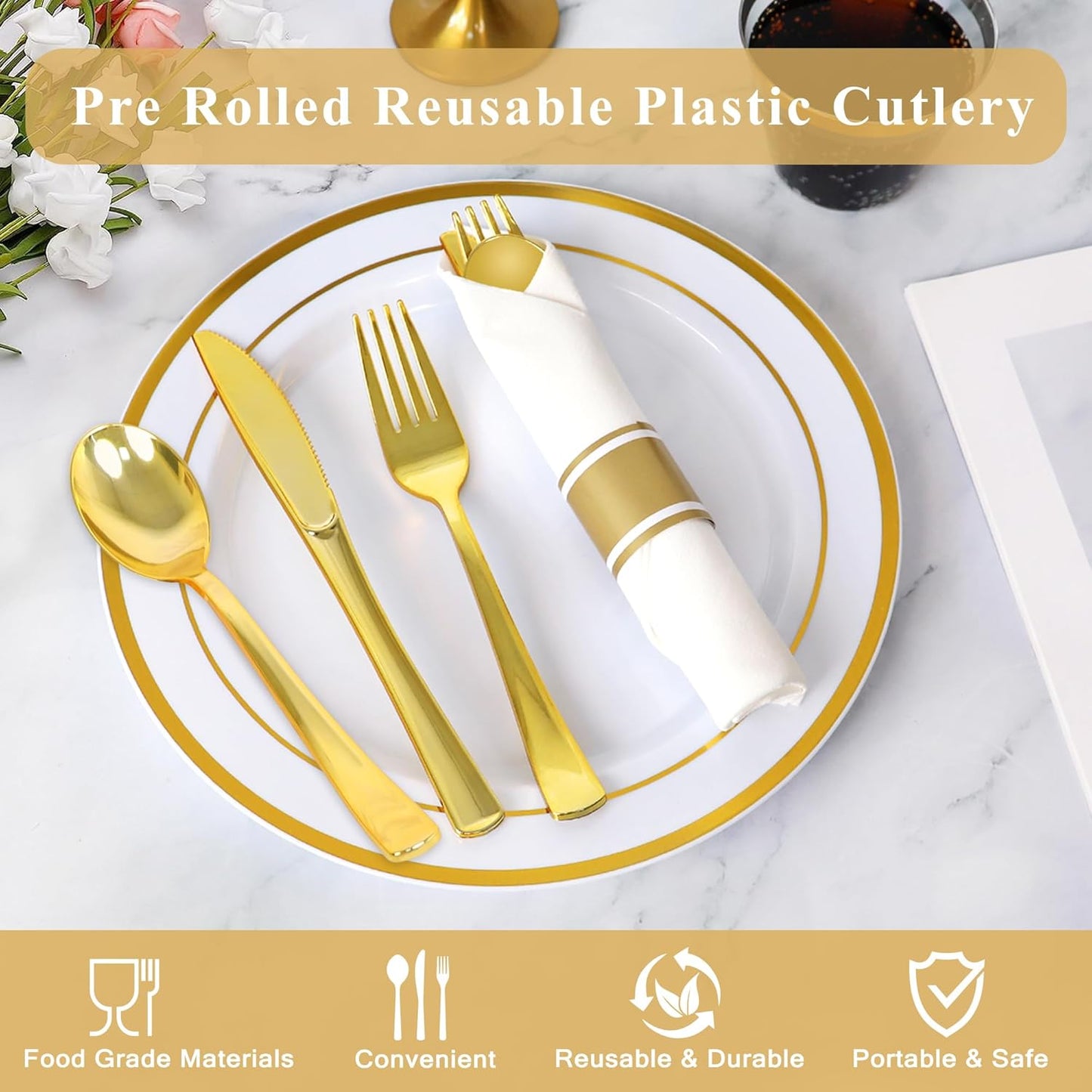 50 Pack Pre Rolled Gold Plastic Silverware Set,Wrapped Plastic Cutlery Set with Napkin Include 50 Forks,50 Spoons,50 Knives and 50 White Napkins for Party,Wedding