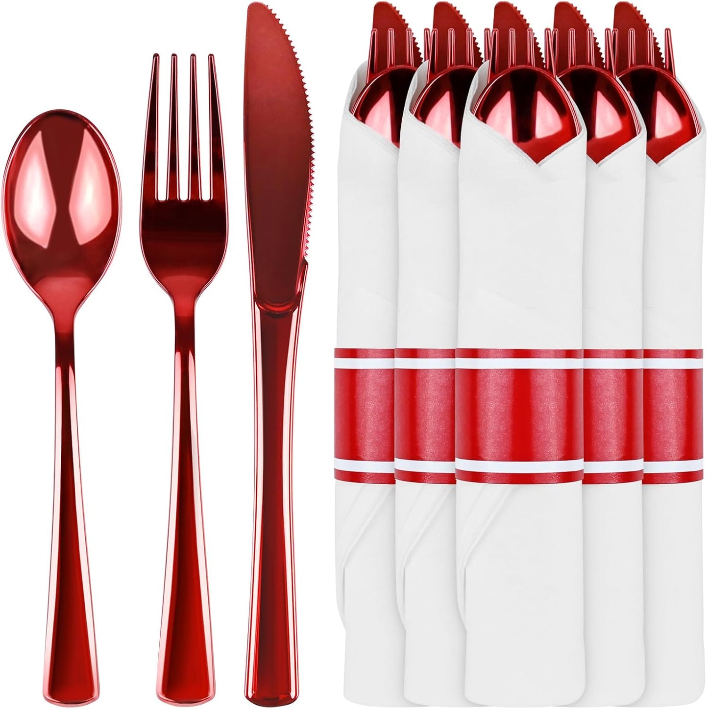 30Pack Red Pre Rolled Plastic Silverware - Wrapped Red Disposable Cutlery with Napkins, Heavy Duty Rolled Silverware Set, Disposable Plastic Utensils with Dinner Napkins for Valentine's Day
