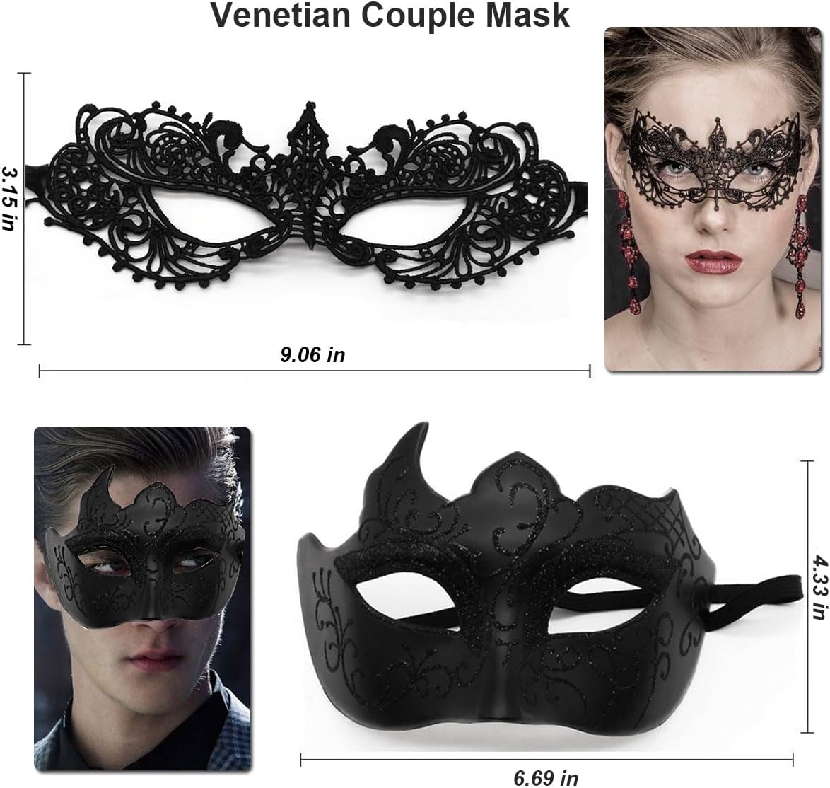 Masquerade Mask for Couples Lace Eye Mask Venetian Carnival Halloween Mask Party Ball Prom Mask Costume Mardi Gras 2Pack