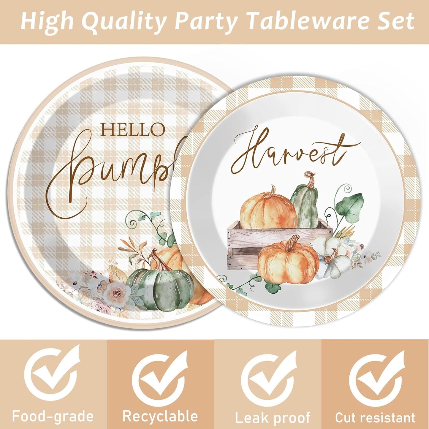 200 PCS Thanksgiving Tableware Disposable Watercolor Fall Pumpkins Party Supplies Buffalo Plaid napkin, Fall Dinnerware Set Happy Autumn Disposable Plates, Thanksgiving Party Decoration Serve 50 guest