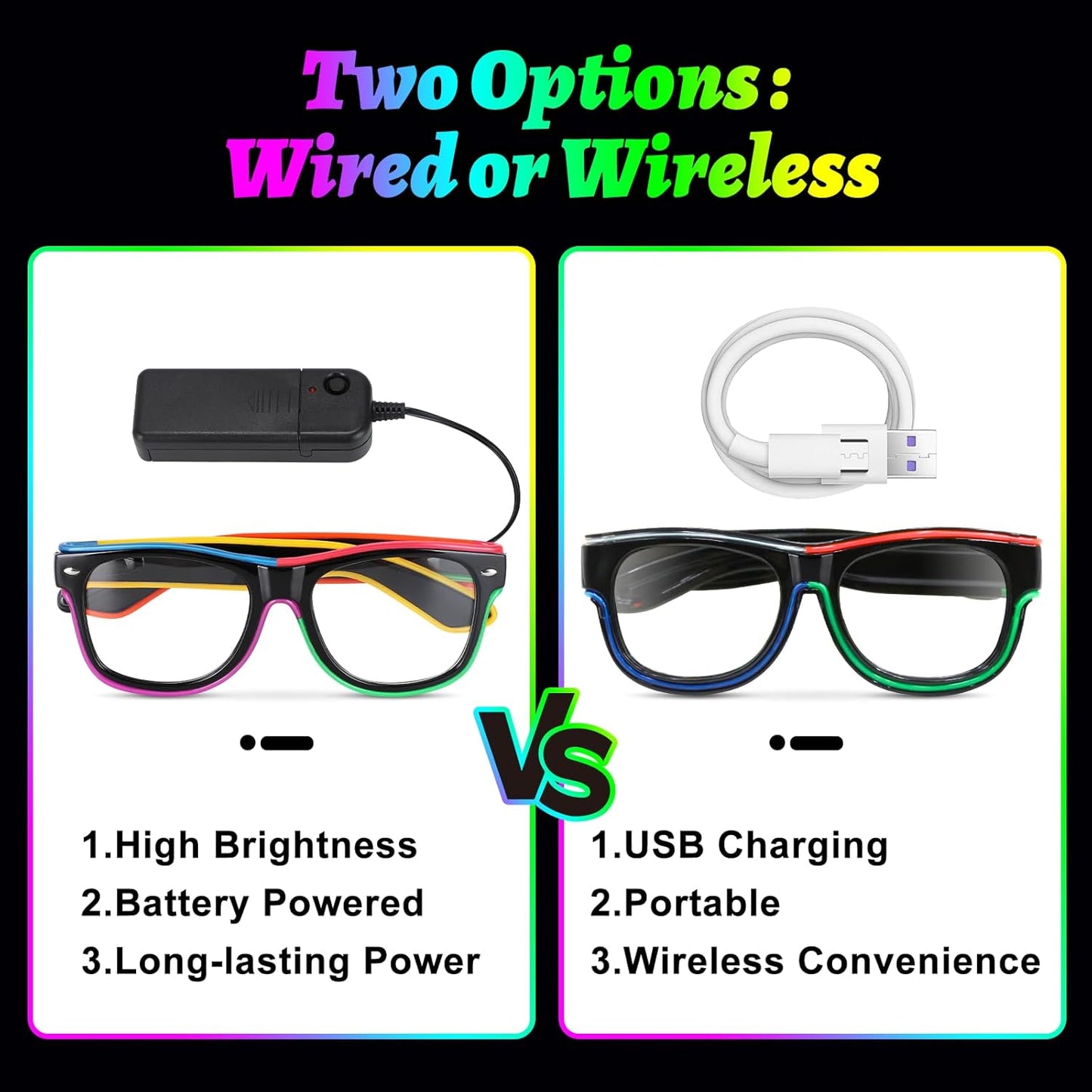 YouRfocus Wireless Led Light up Glasses Multi-Color Glow in the Dark Neon Rave Glasses for Rave Party, EDM, Halloween Costumes(6 Colors)