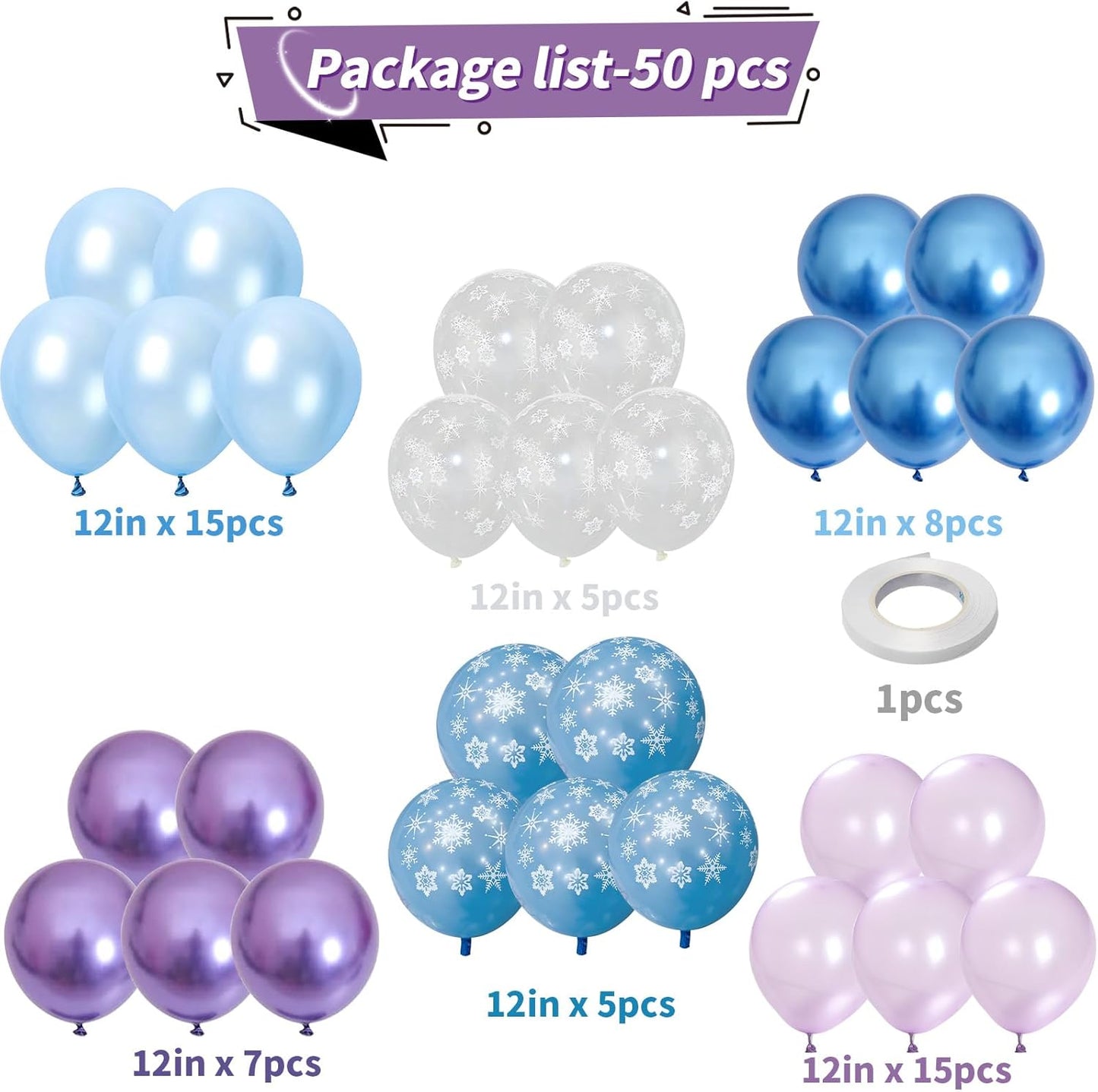Purple and Blue Balloons, Snowflake Pearl Light Blue Purple Metallic Clear Latex Balloons for Girls Winter Princess Wonderland Christmas Baby Its Cold Outside Baby Shower Birthday Party Decorations