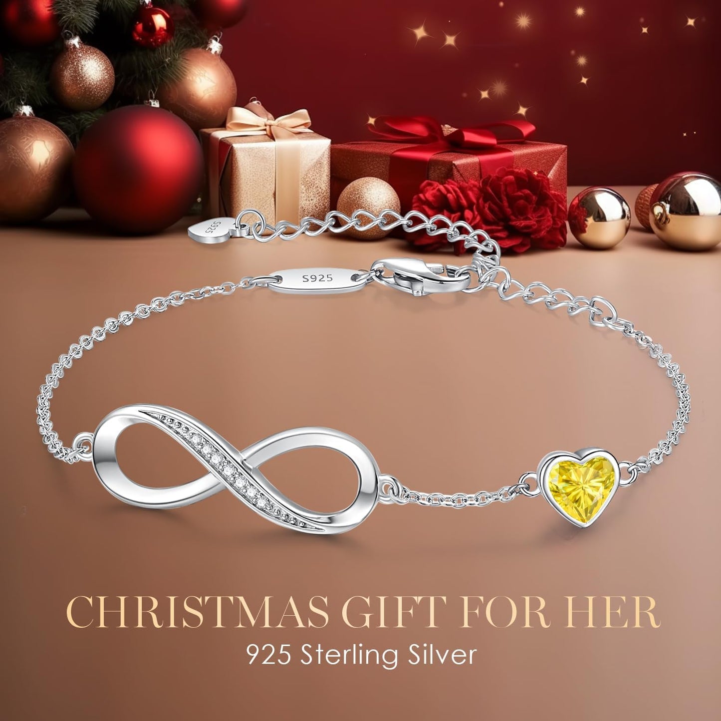 CDE Infinity Heart Birthstone Charm Link Bracelet for Women 925 Sterling Silver Adjustable Mother's Day Christmas Day Gift Anniversary Birthday Jewelry for Wife Girlfriend Her