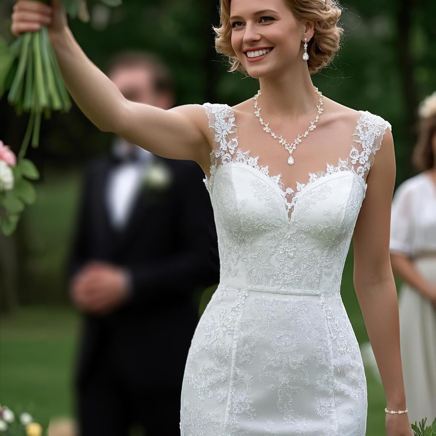 BriLove Wedding Jewelry Set for Women Bride, Y-Necklace Tennis Bracelet Dangle Earrings Crystal Teardrop Marquise Cluster for Bridal Bridesmaid