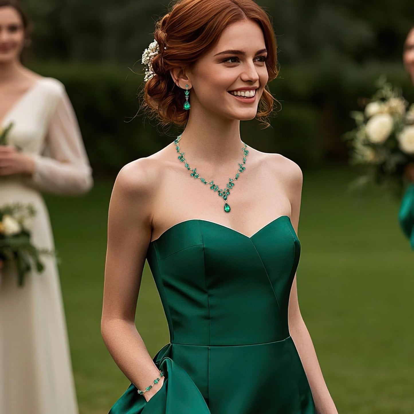 BriLove Wedding Jewelry Set for Women Bride, Y-Necklace Tennis Bracelet Dangle Earrings Crystal Teardrop Marquise Cluster for Bridal Bridesmaid