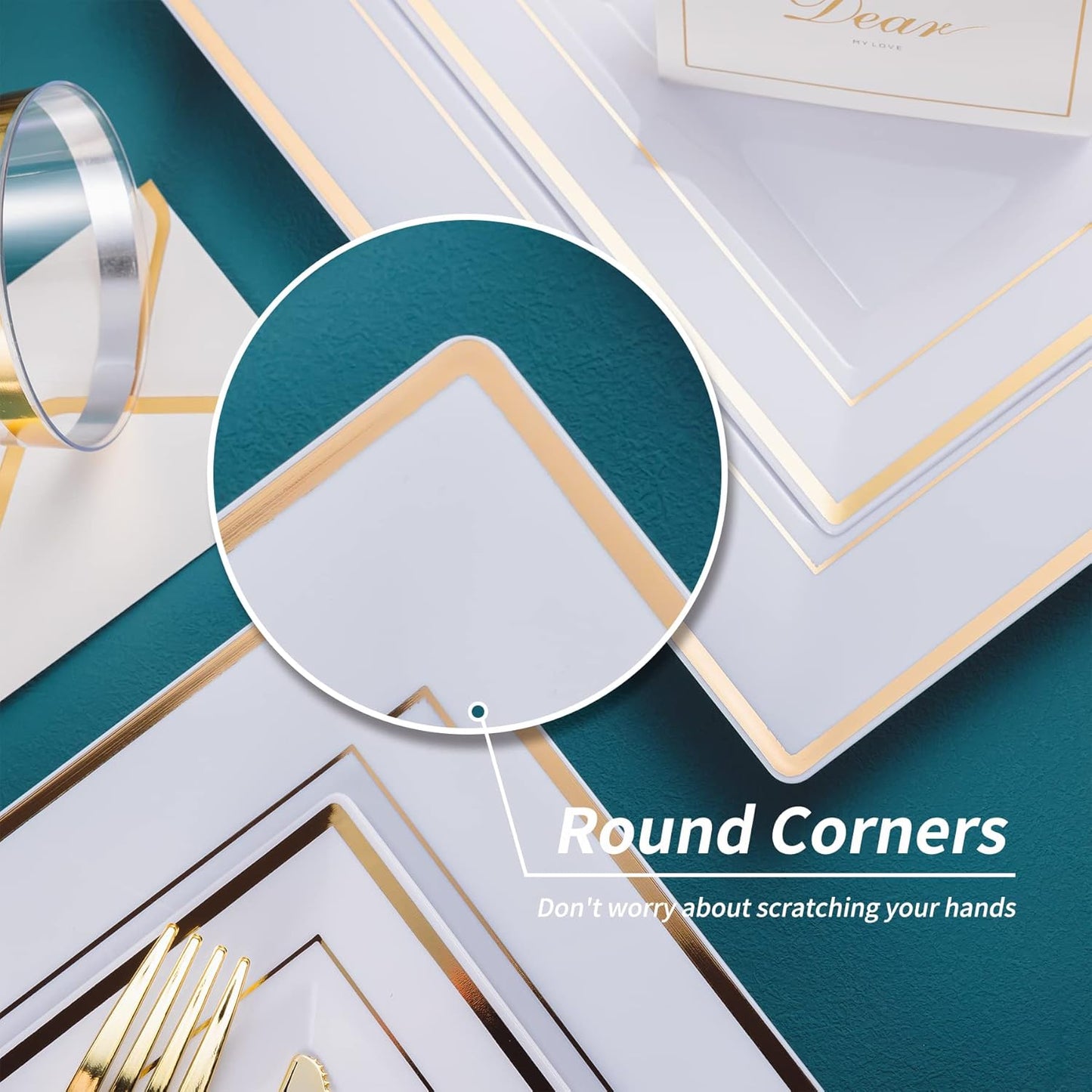 N9R 50 Guest Gold Dinnerware Set-100 White Square Plastic Plates with Gold Rim, 50 forks, 50 Spoons, 50 Knives, 50 Cups, 50 Napkins-Disposable Dinnerware Set for Wedding