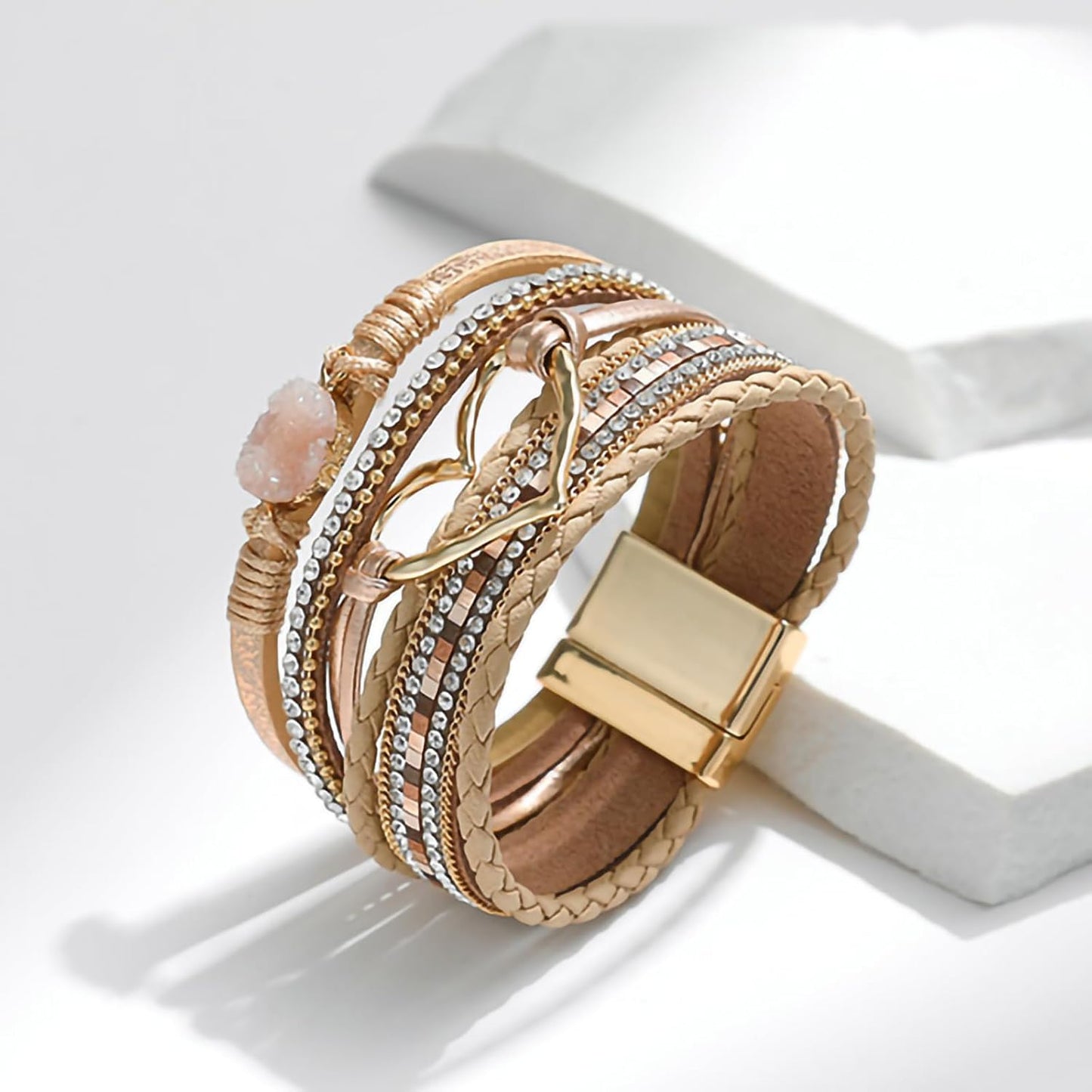 Fesciory Leopard Bracelet for Women, Boho Leather Wrap Multi-Layer Pearl Crystal Bracelet Bangle Jewelry