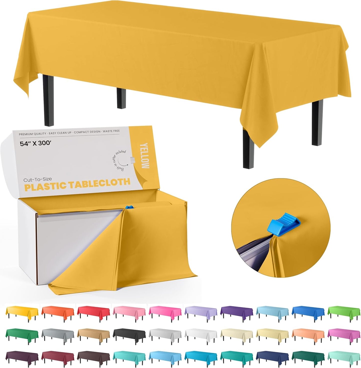 Party Solids 54 Inch X 300 Feet Yellow Plastic Table Cover Roll in A Cut - to - Size Box with Convenient Slide Cutter. Cuts Up to 36 Rectangle 8 Feet Plastic Disposable Tablecloths