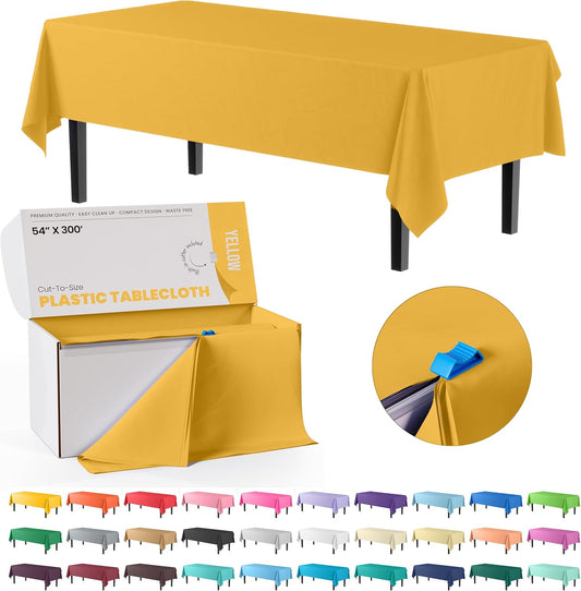 Party Solids 54 Inch X 300 Feet Yellow Plastic Table Cover Roll in A Cut - to - Size Box with Convenient Slide Cutter. Cuts Up to 36 Rectangle 8 Feet Plastic Disposable Tablecloths