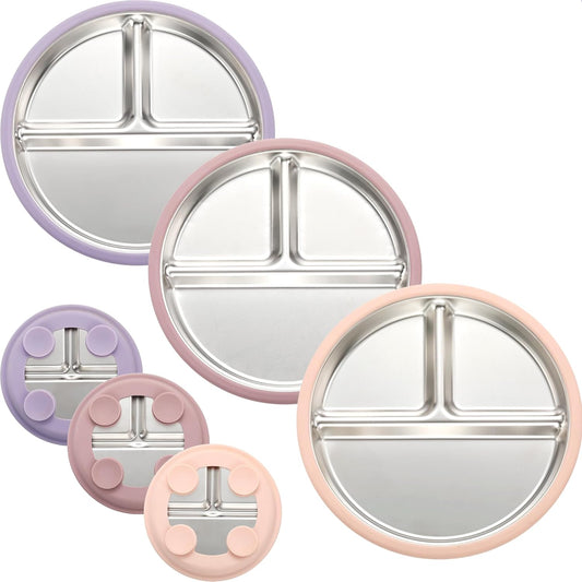 3Pack Stainless Steel Kids Plates, 8.1" Divided Kids Plate with Removable Silicone Suction Sleeves for Baby Highchairs, Non Toxic BPA Free Non-Slip Unbreakable Snack Lunch Plates