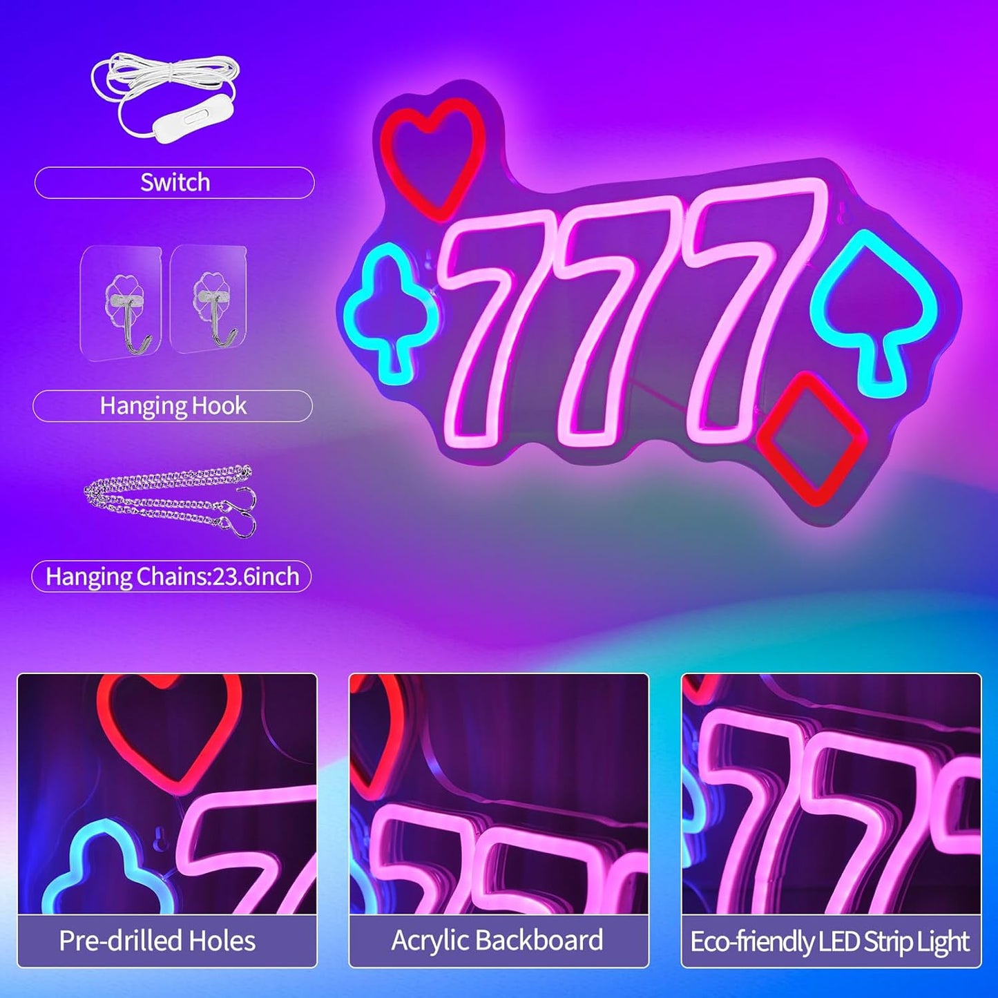 777 Casino Neon Signs for Wall Decor Pink LED Light Sign for Poker Room Decor Light Up Sign for Birthday Party Decoration USB Powered