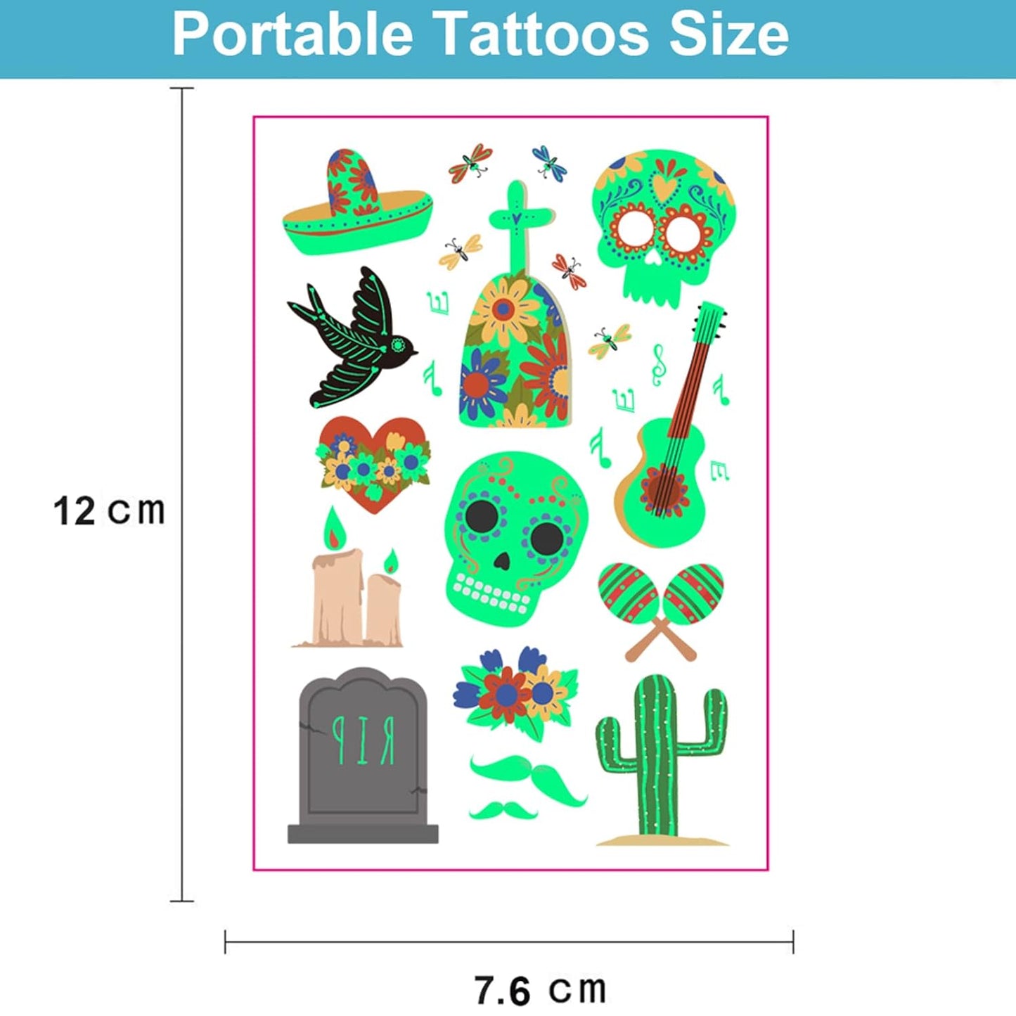 Day of the Dead Luminous Halloween Temporary Tattoo for Kids Adults, 125PCS Waterproof Fake Face Tattoos, Body Stickers Decorations Glow in the Dark, Makeup Party Favors Supplies Decor Boys Girls