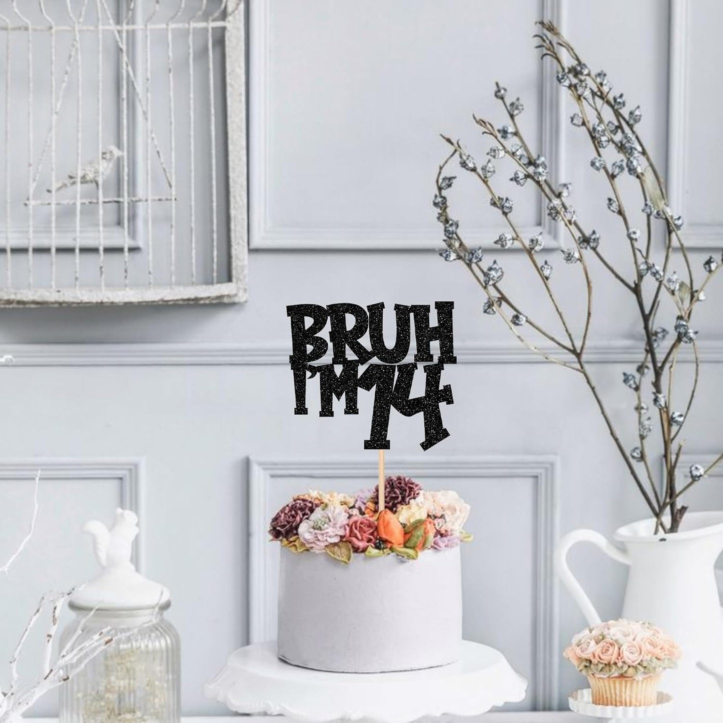 1 PCS Bruh I'm 14 Cake Topper Black Glitter Happy 14th Birthday Cake Pick Bro I'm 14 It's My 14th Birthday Cake Decoration for Cheers to 14 Years Birthday Party Decorations Supplies
