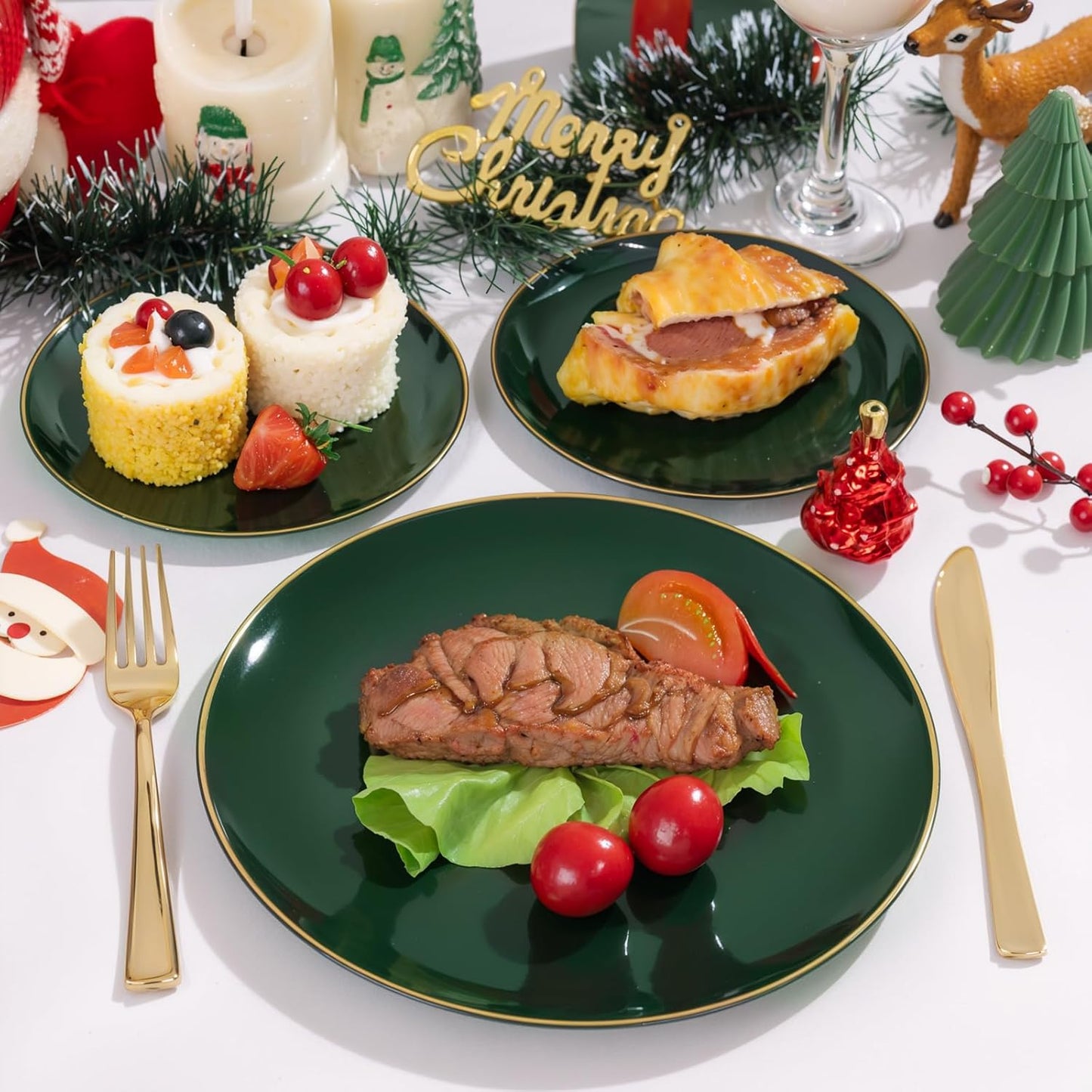 WDF 300Pcs Green Plates Disposable - Heavy Duty Green Plates - 50Guest Christmas Plastic Dinnerware Include 50 Dinner Plate, 50 Dessert Plate, 150 Cutlery & 50 9oz Cups for Christmas Parties