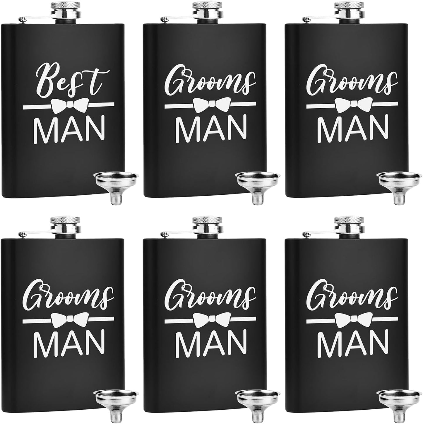 ELEGANTPARK Engraved Groomsman Flasks Set of 6 Best Man Groomsmen Proposal Gifts Wedding Bachelor Party Favor Stainless Steel Hip Flask for Liquor with Funnel for Men 8 OZ Black ﻿