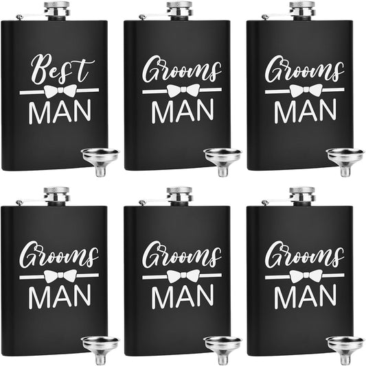 ELEGANTPARK Engraved Groomsman Flasks Set of 6 Best Man Groomsmen Proposal Gifts Wedding Bachelor Party Favor Stainless Steel Hip Flask for Liquor with Funnel for Men 8 OZ Black ﻿