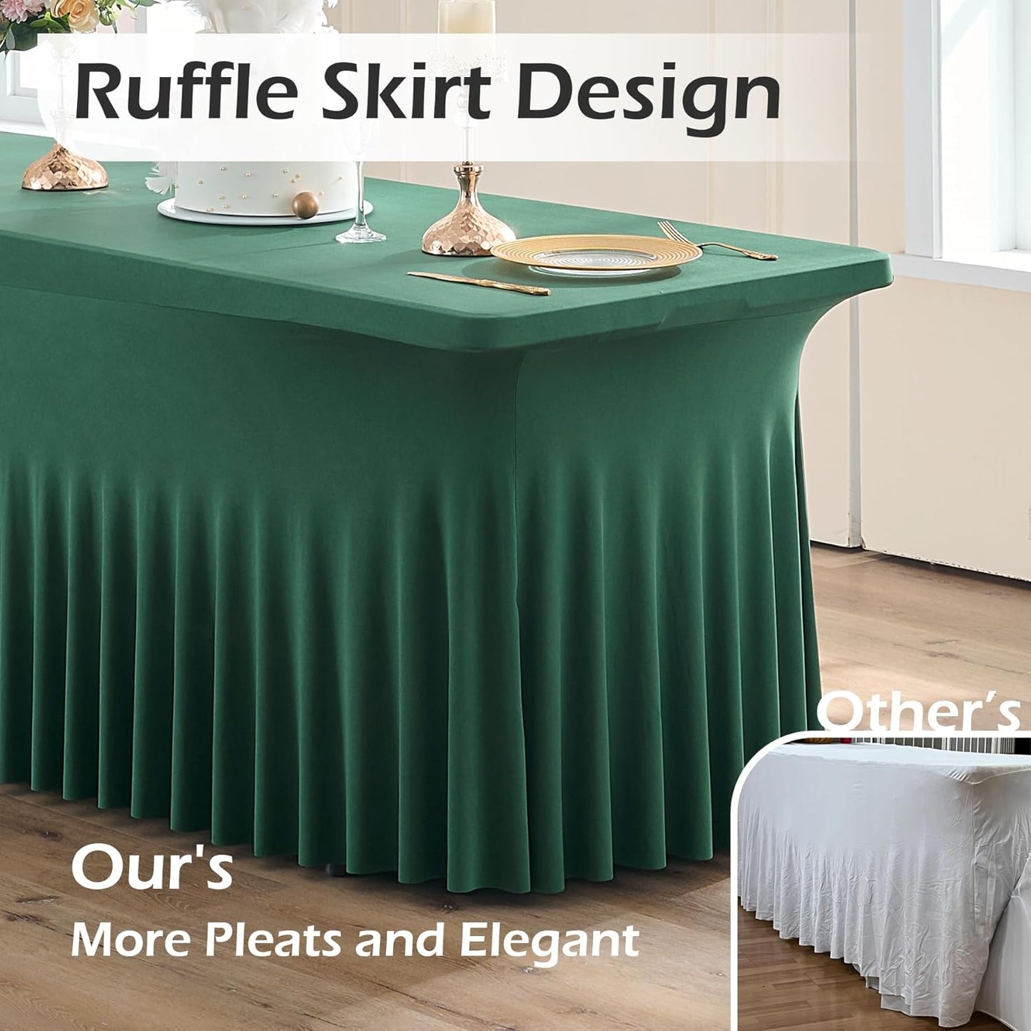 2 pk Hunter Green Spandex Tablecloth for 6 Foot Rectangle Tables, Wrinkle Free Fitted Spandex Table Covers 6ft Green Stretch Table Cloths with Ruffle Skirt for Parties Weddings Banquet Baby Shower