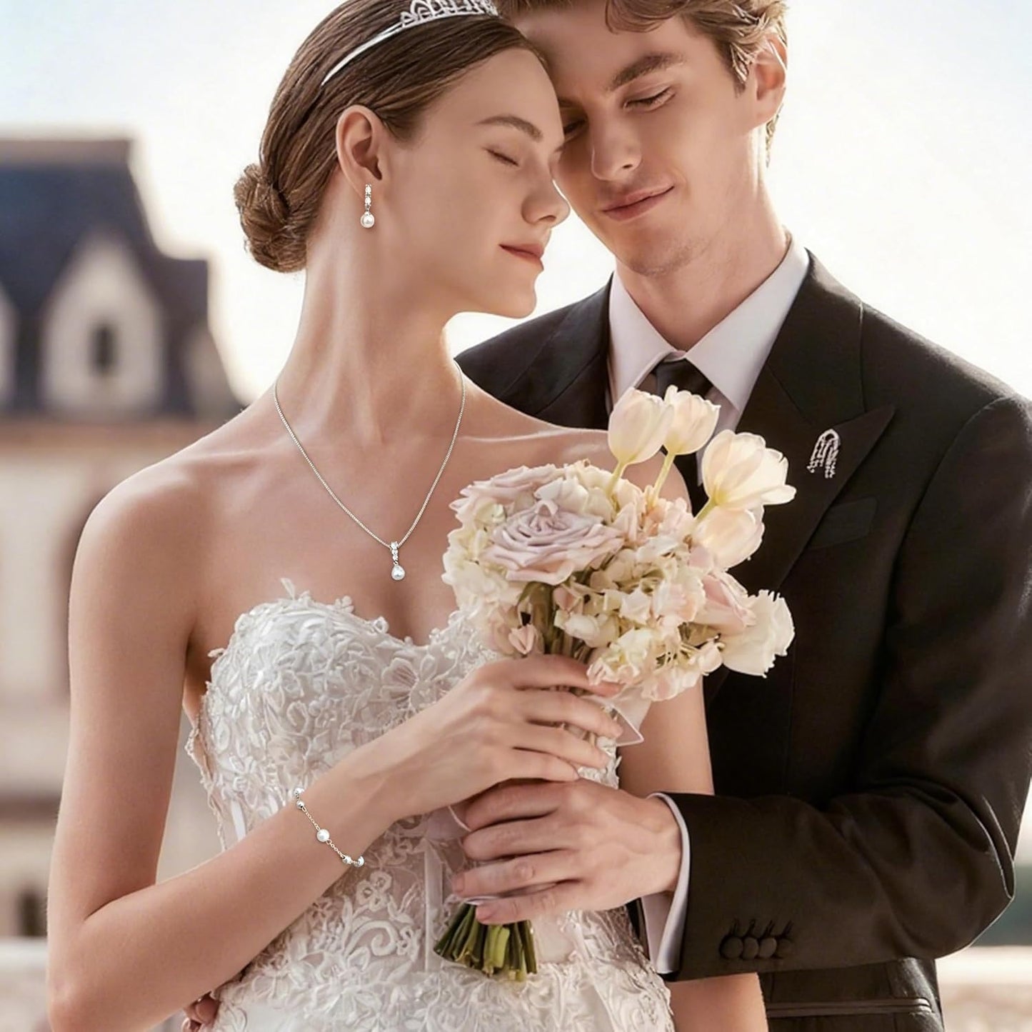 14K Gold Plated Pearl Jewelry Set for Women - 925 Sterling Silver Post Dangle Earrings Dainty Pearl Necklace Bracelet Wedding Jewelry Sets for Bride Bridesmaid CZ Costume Accessories Trendy