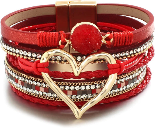 Leather Wrap Bracelet for Women Beaded Cuff Bracelet with Heart-shape Decor Bohemian Crystal Bracelet Jewelry with Clasp Bangle Bracelet for Women Girls Birthday Holiday Gift