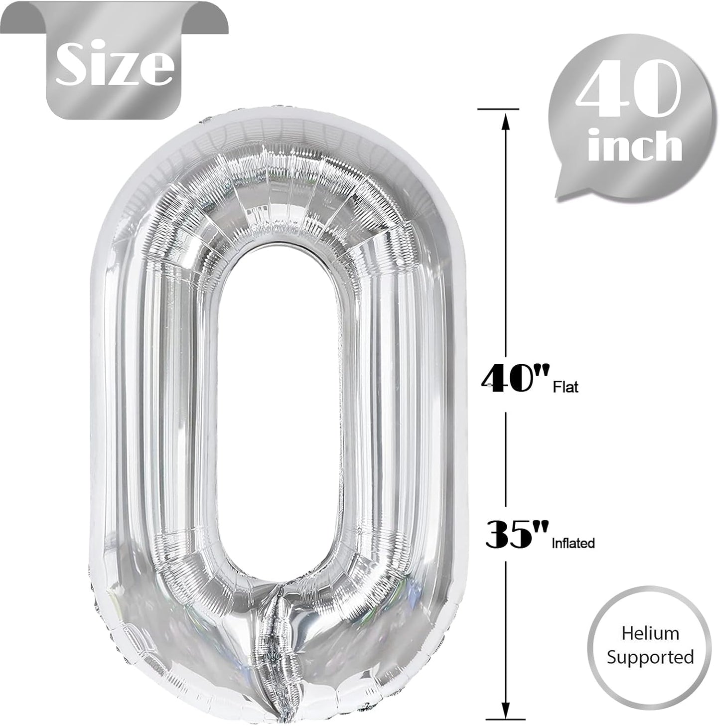 Silver Number 0 Balloon 40 Inch, 0 Balloon Number for 10th 20th 30th 40th 50th 60th Birthday Decorations, Silver Party Supplies