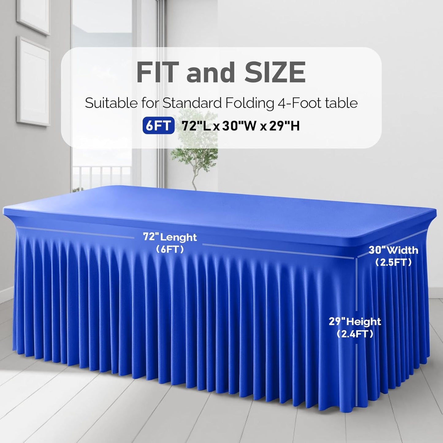 2 Packs Royal Blue Table Clothes for 6 Foot Rectangle Tables, One-Piece Wrinkle Resistant Stretch Spandex Table Covers with Skirt for Event Banquet Wedding Birthday Party