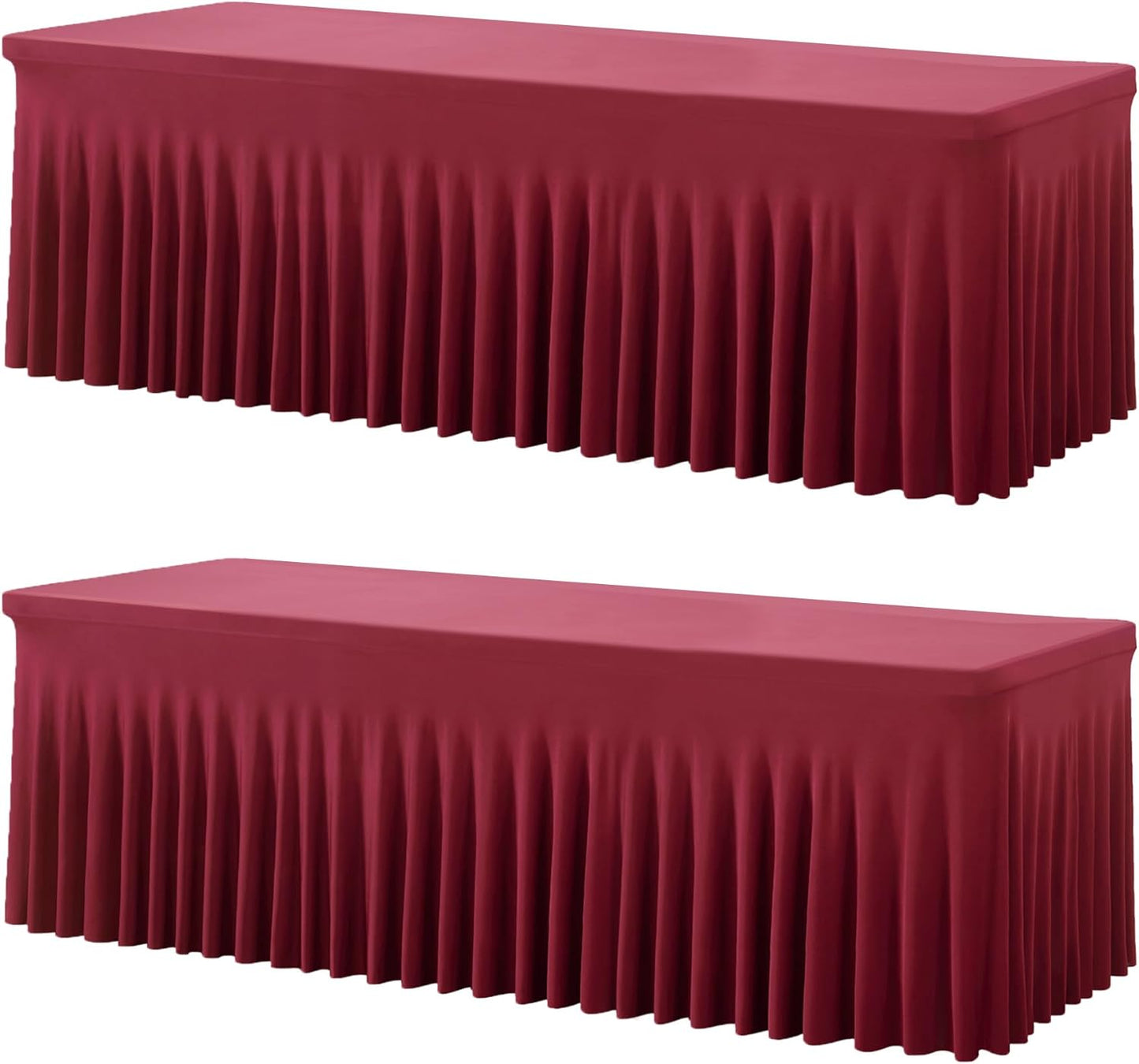 2 Pack Burgundy Spandex Table Clothes for 8 Foot Rectangle Tables, Wrinkle Free Fitted Table Cover 8ft Maroon Stretch Tablecloths with Skirt for Parties Weddings Birthday Banquet Baby Shower