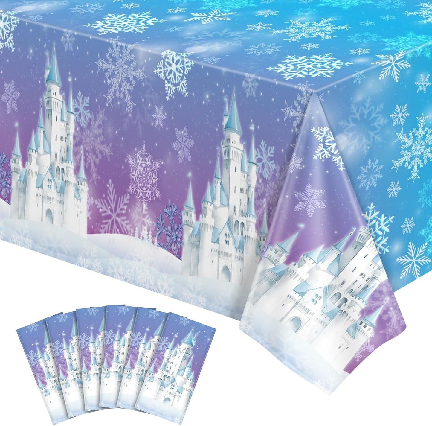 6 Pack Winter Snowflake Plastic Tablecloths, 54 x 108 Inch Frozen Tablecloth Blue and Purple Snowflakes Table Cover, Winter Wonderland Table Cloth for Christmas New Year Holiday Party Supplies Decor