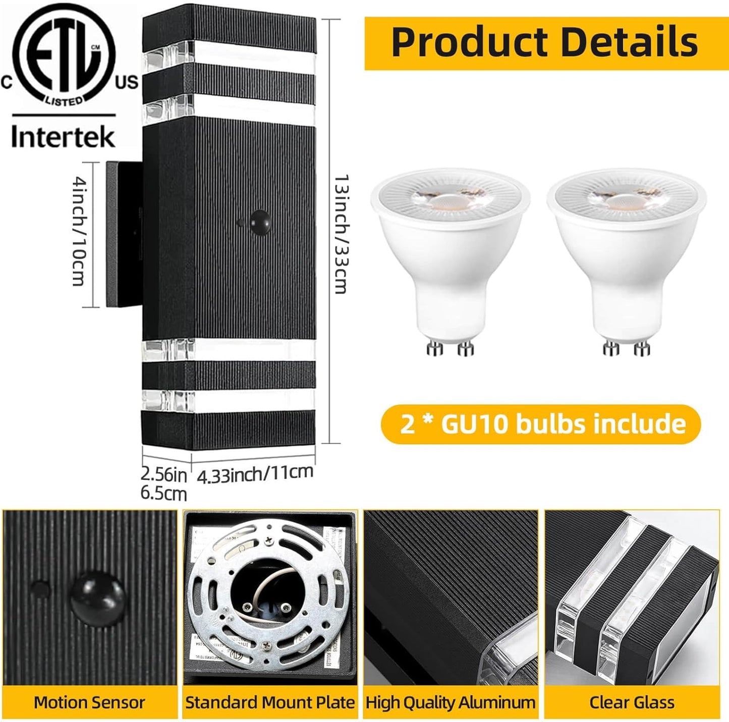 SHIMR Motion Sensor Outdoor Lights, Dusk to Dawn Outdoor Light Fixture with LED Bulbs Included, Exterior Wall Light Aluminum Sconce Up and Down Outside Lights for House Porch Patio Garage [ETL Listed]