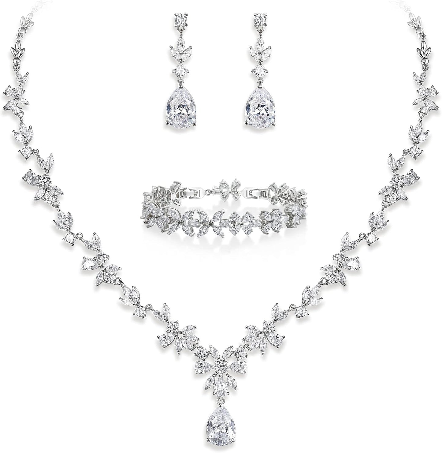 EVER FAITH Bridal Jewelry Set for Bride Bridesmaid, Flower Leaf Teardrop Cubic Zirconia Necklace Dangle Earrings Bracelet Sets Wedding Party for Women